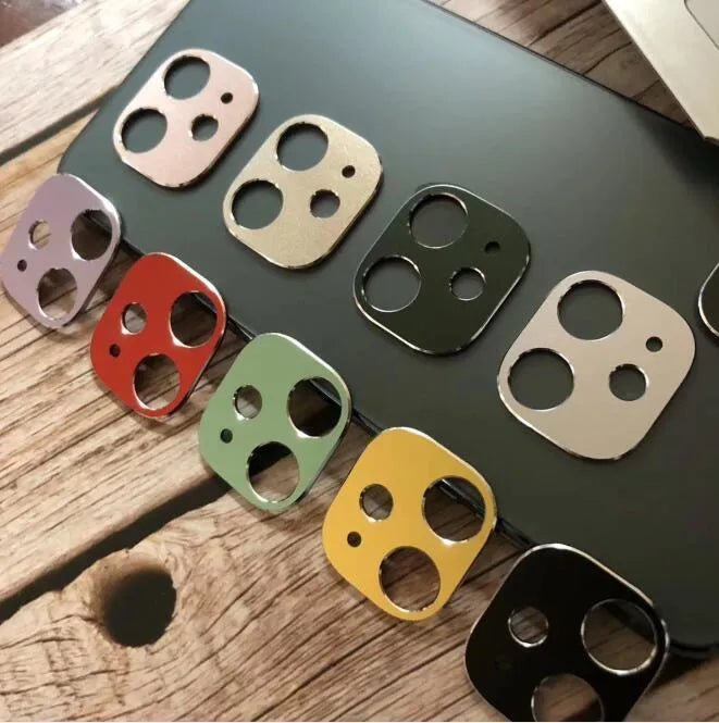 Metal lens protection ring for iPhone 11 and iPhone 11 Pro rear camera, shown in various colour options.