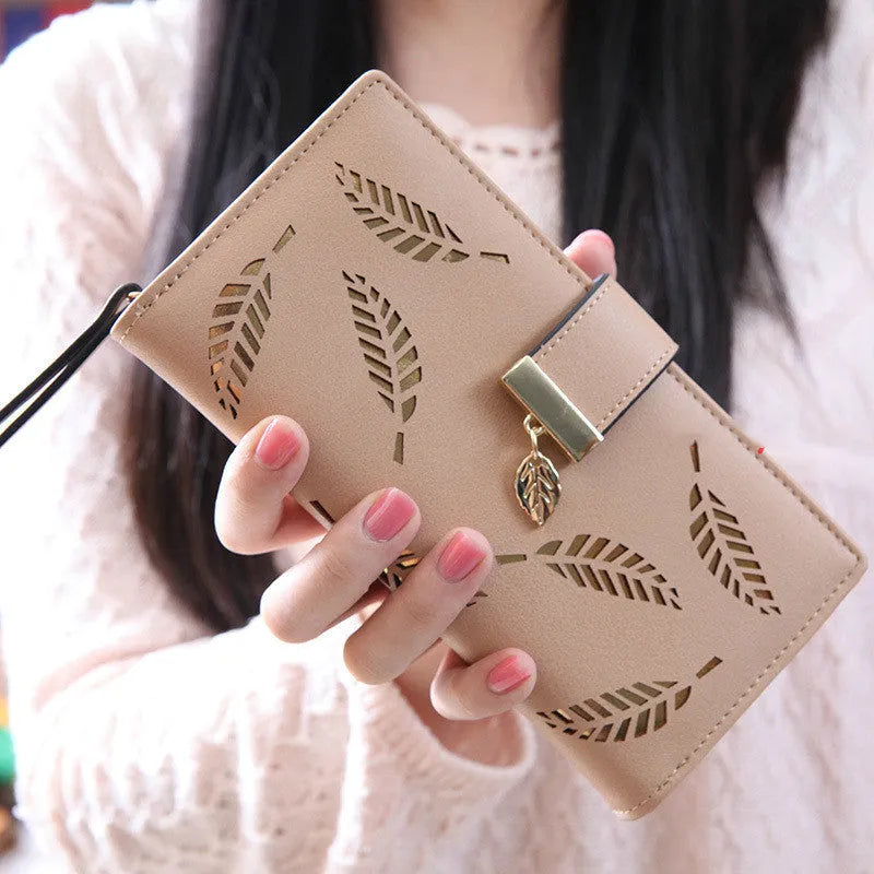 Women long wallet hollow leaves design soft PU zip closure apricot colour 2-fold card holder