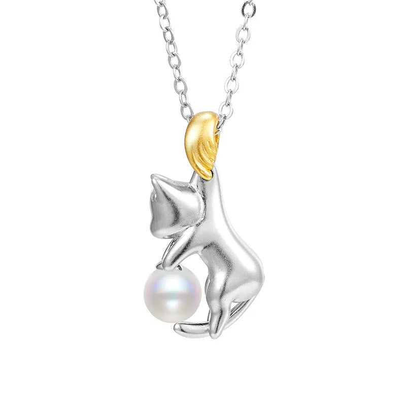 925 sterling silver clavicle chain necklace with cat design elements and electroplated finish