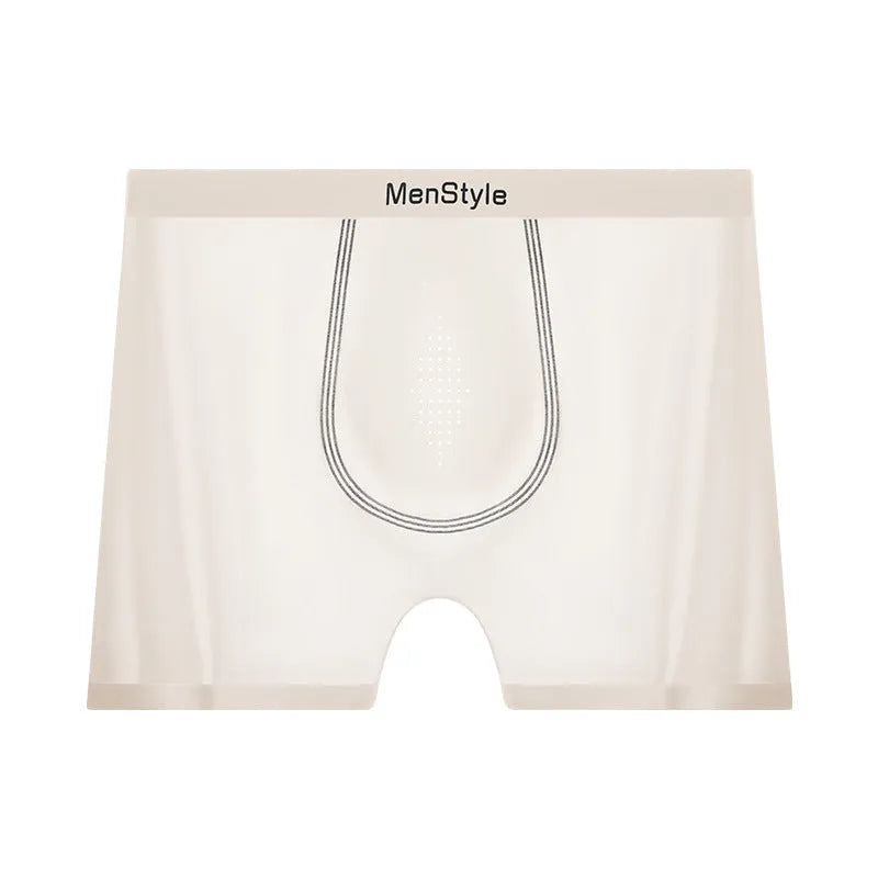 Satin ice silk seamless men's boxers in flesh color with mid waist elastic band