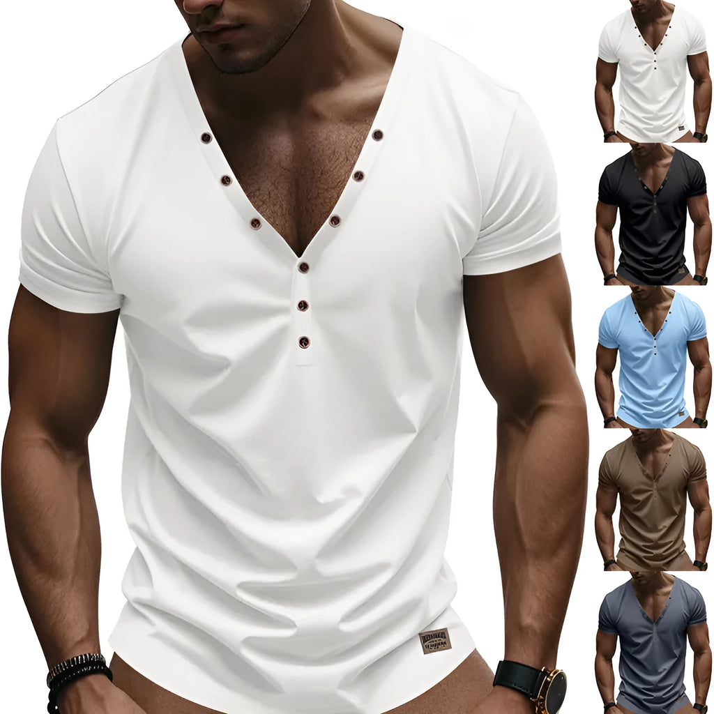 Man wearing a loose fit light blue V-neck button-up sport shirt