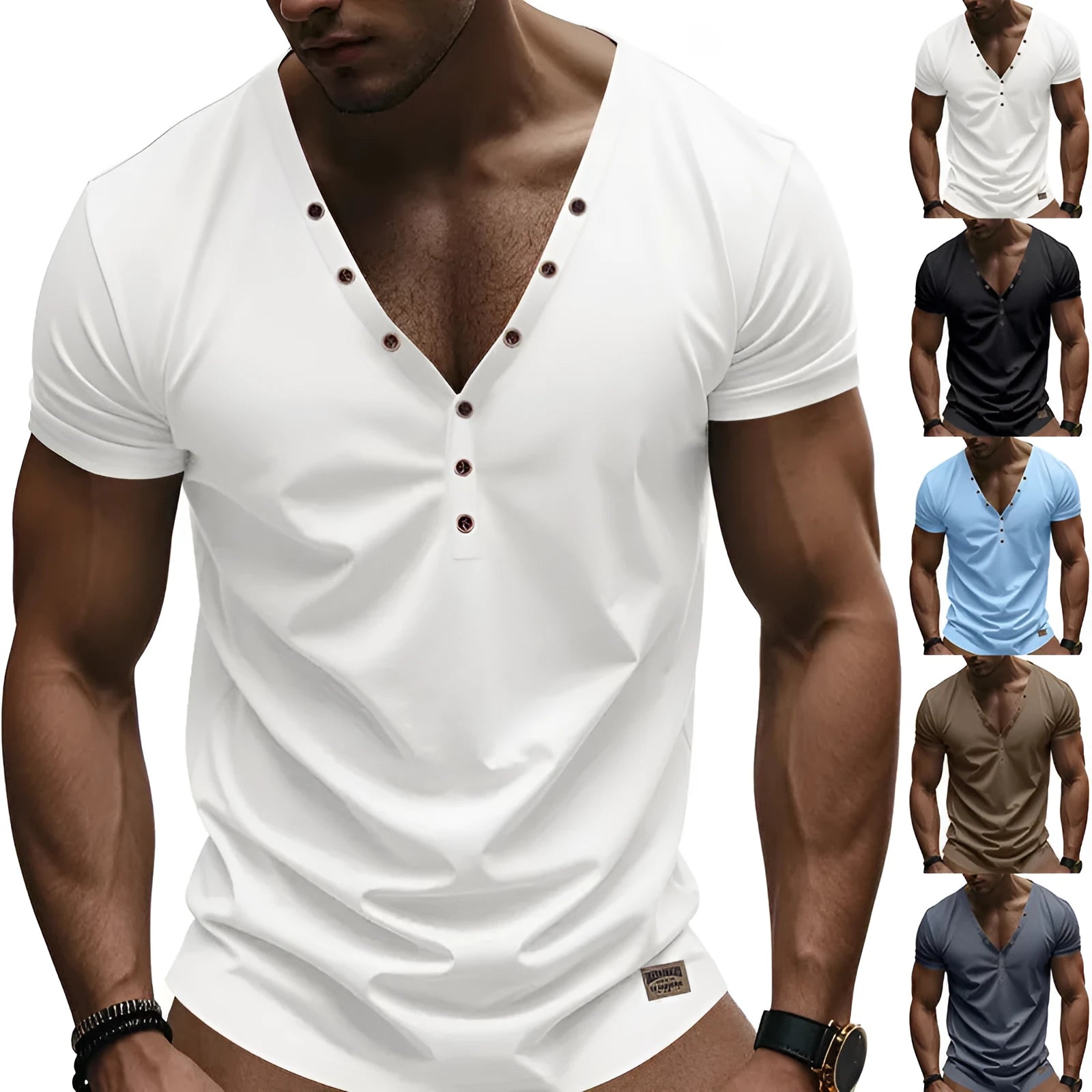 Man wearing a loose fit light blue V-neck button-up sport shirt