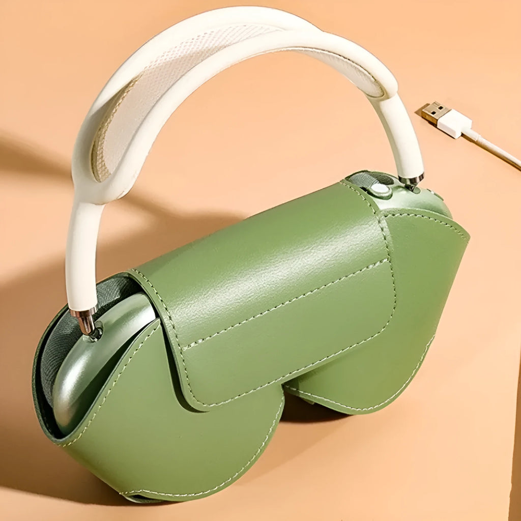 AirPods Max protective case in PU leather, shown in available colours: black, blue, green, red, white.