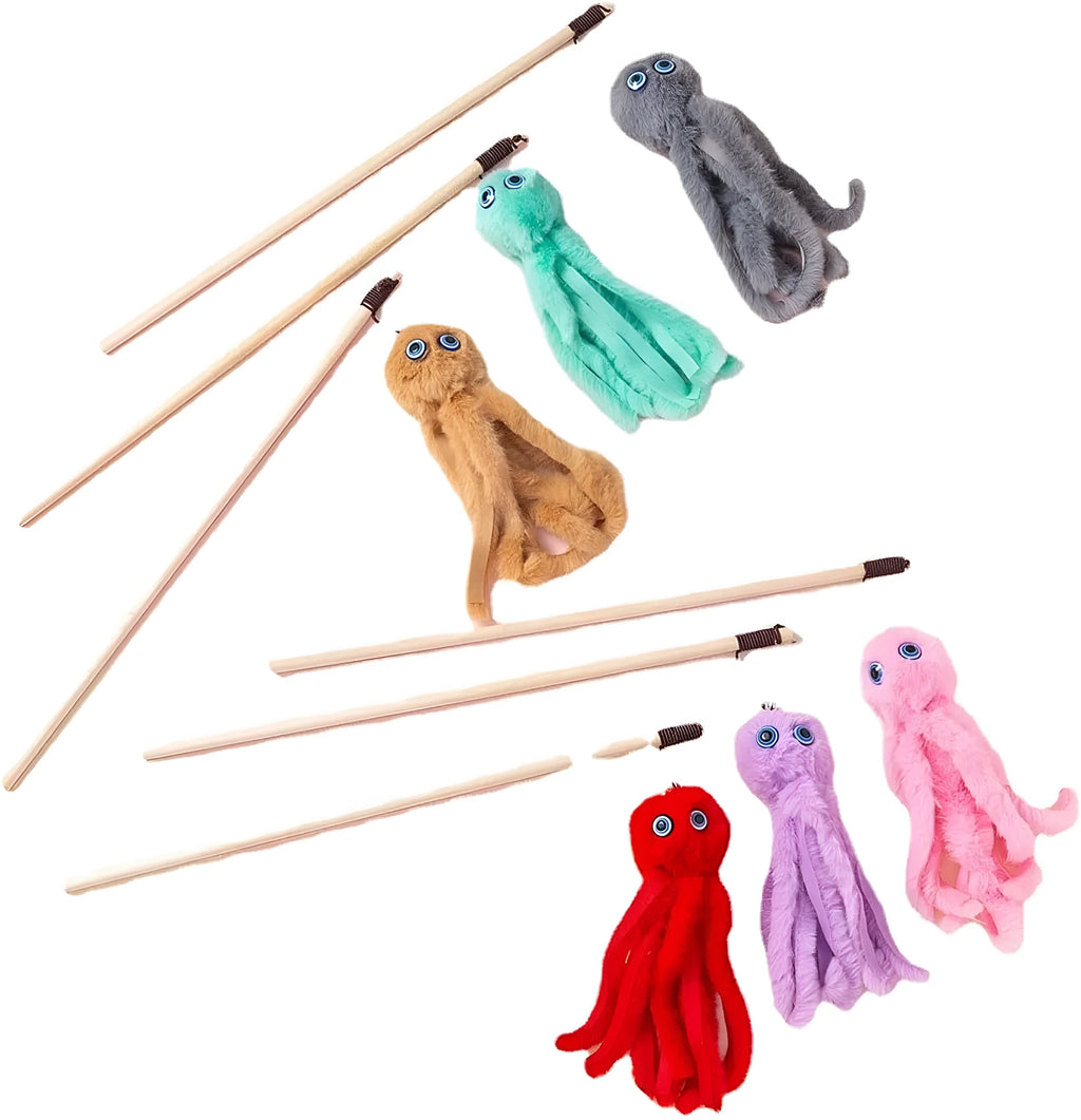 Colourful octopus cat toy with long stick for indoor feline entertainment
