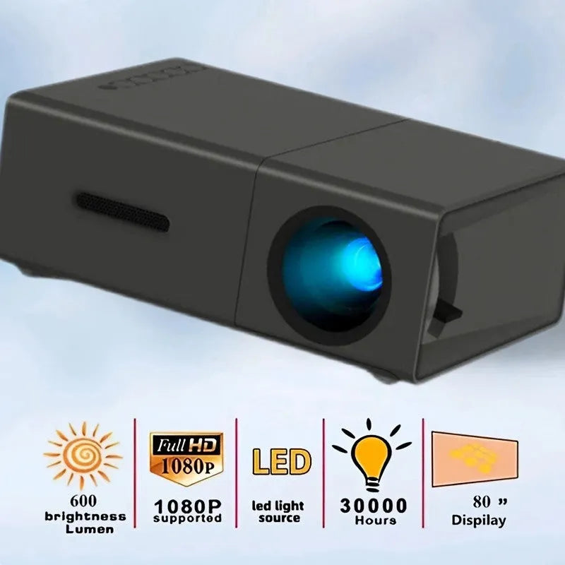 M100 mini LED projector in black or white showing 100-inch projection capability with remote control