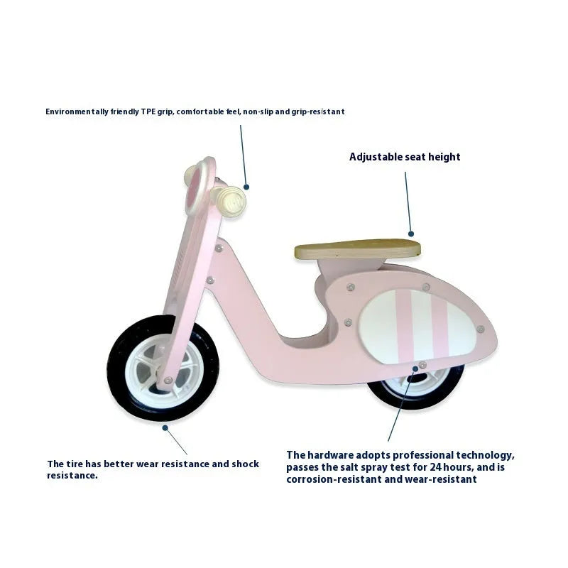 Pink wooden balance scooter for toddlers aged 1-6 years, 10-inch size.