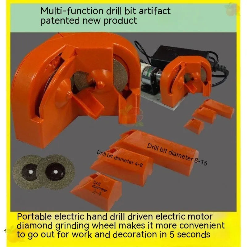 Universal portable grinding drill tool set showing orange and black sanders with two replacement grinding wheels.