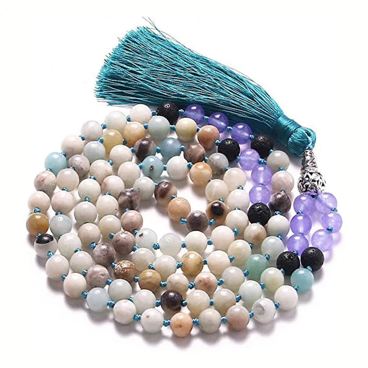 Agate geometric tassel necklace with amethyst blue pattern and multiple coloured stones at 95-100cm length
