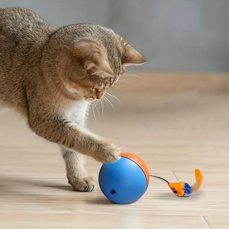 Interactive cat toy with grey and orange plush mouse, ball, and feather tail for feline exercise
