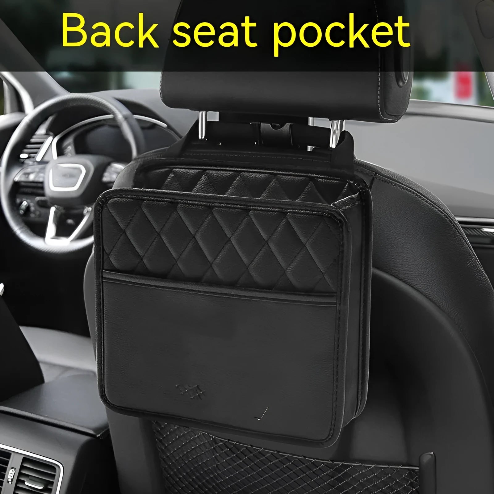 Black leather hanging car storage bag mounted on car headrest showing 25cm dimensions