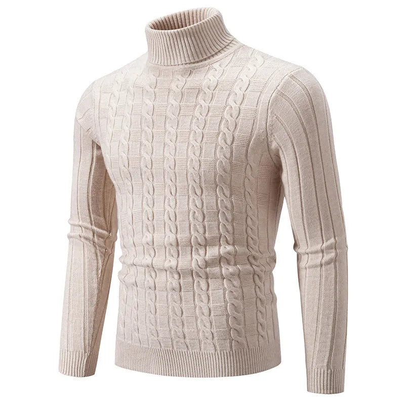 Men's slim fit chenille turtleneck pullover sweater in beige colour