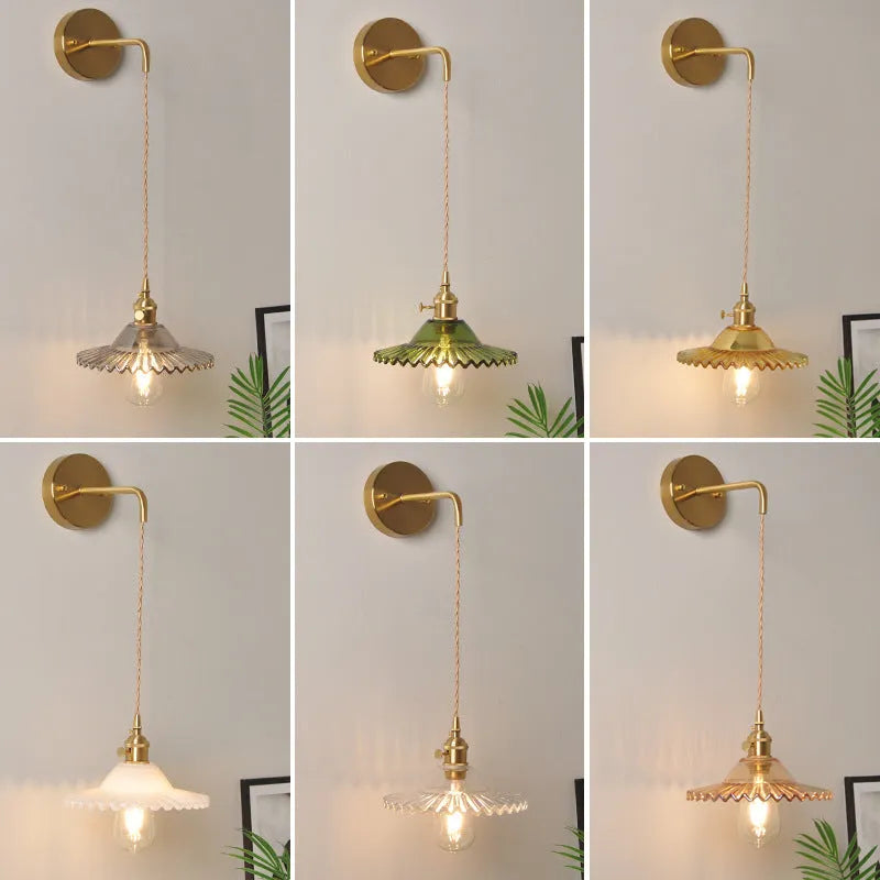 Retro brass lotus wall lamp with glass shade in six colour options