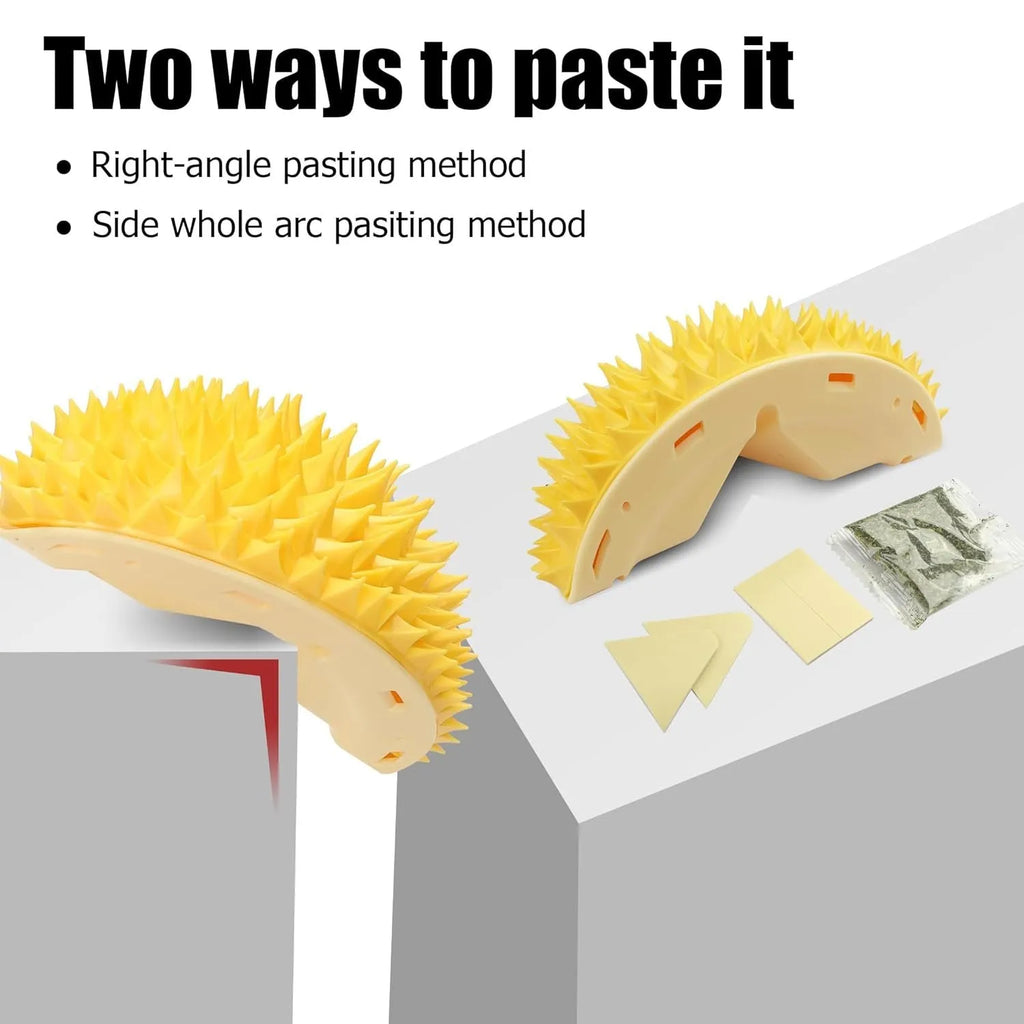Yellow durian-shaped cat corner scratcher with spiky texture mounted on a wall
