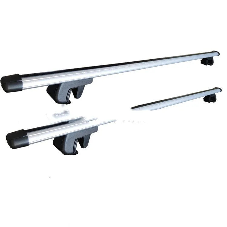 Two silver alloy roof rack crossbars for a General Motors SUV, shown adjusted to full length.
