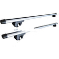 Two silver alloy roof rack crossbars for a General Motors SUV, shown adjusted to full length.