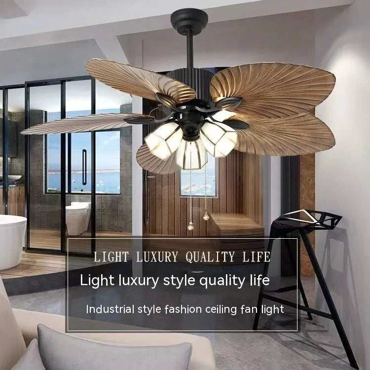 Retro-style ceiling fan light with wooden blades and integrated lighting fixtures