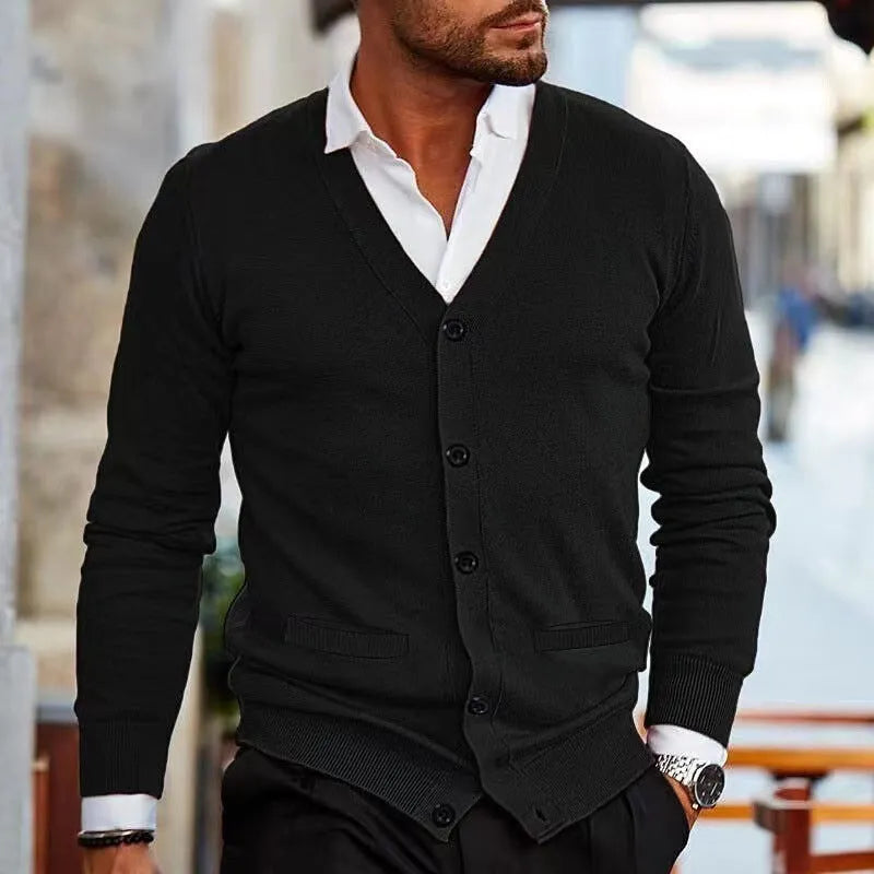 Men's slim fit acrylic cardigan sweater in dark grey, shown on a model.