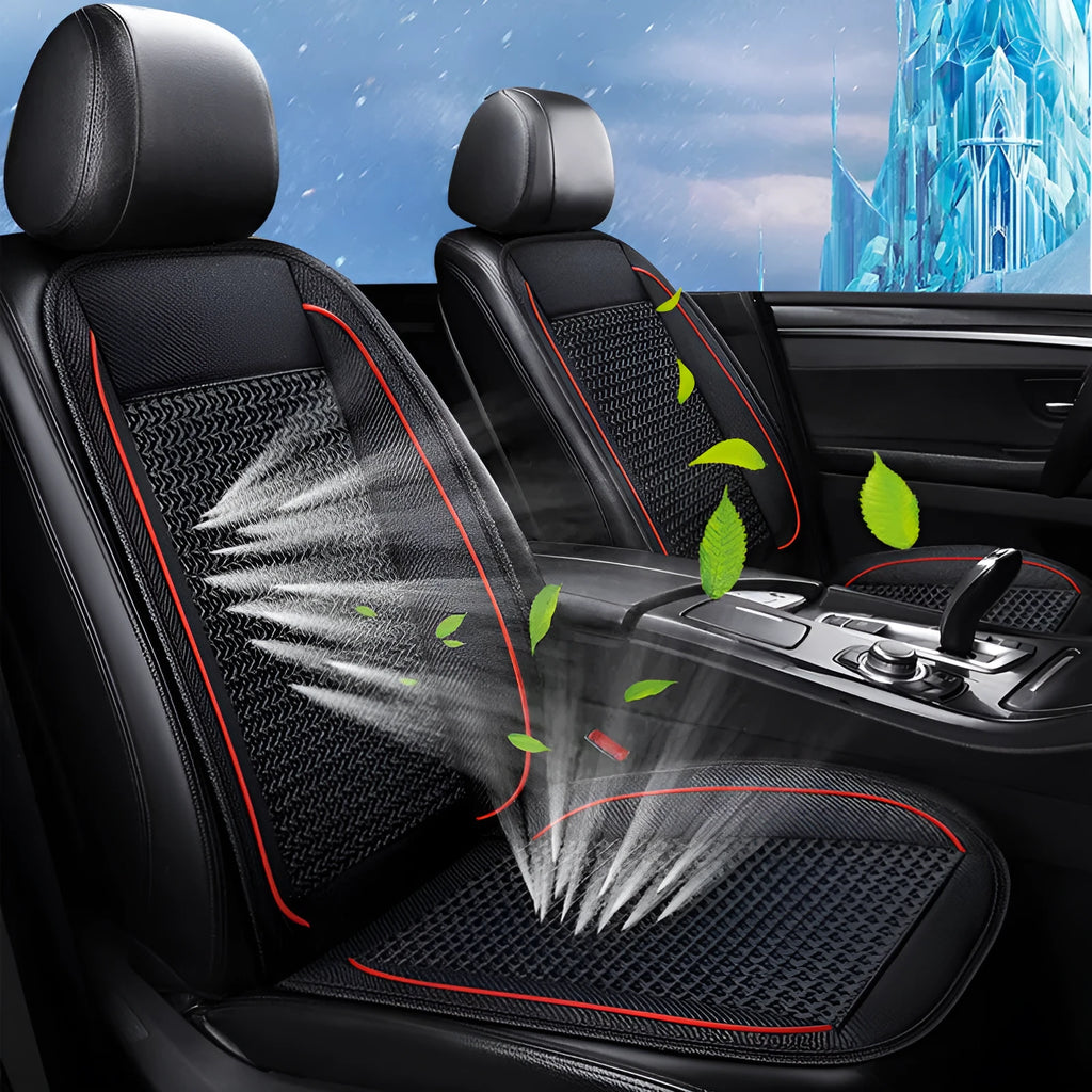 Square black car ventilation seat cushion with massage function measuring 60cm x 60cm