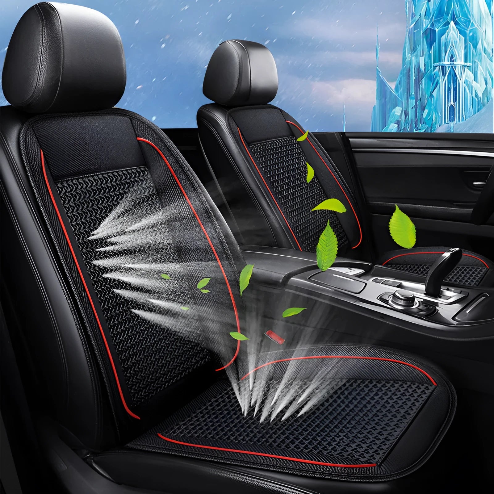 Square black car ventilation seat cushion with massage function measuring 60cm x 60cm