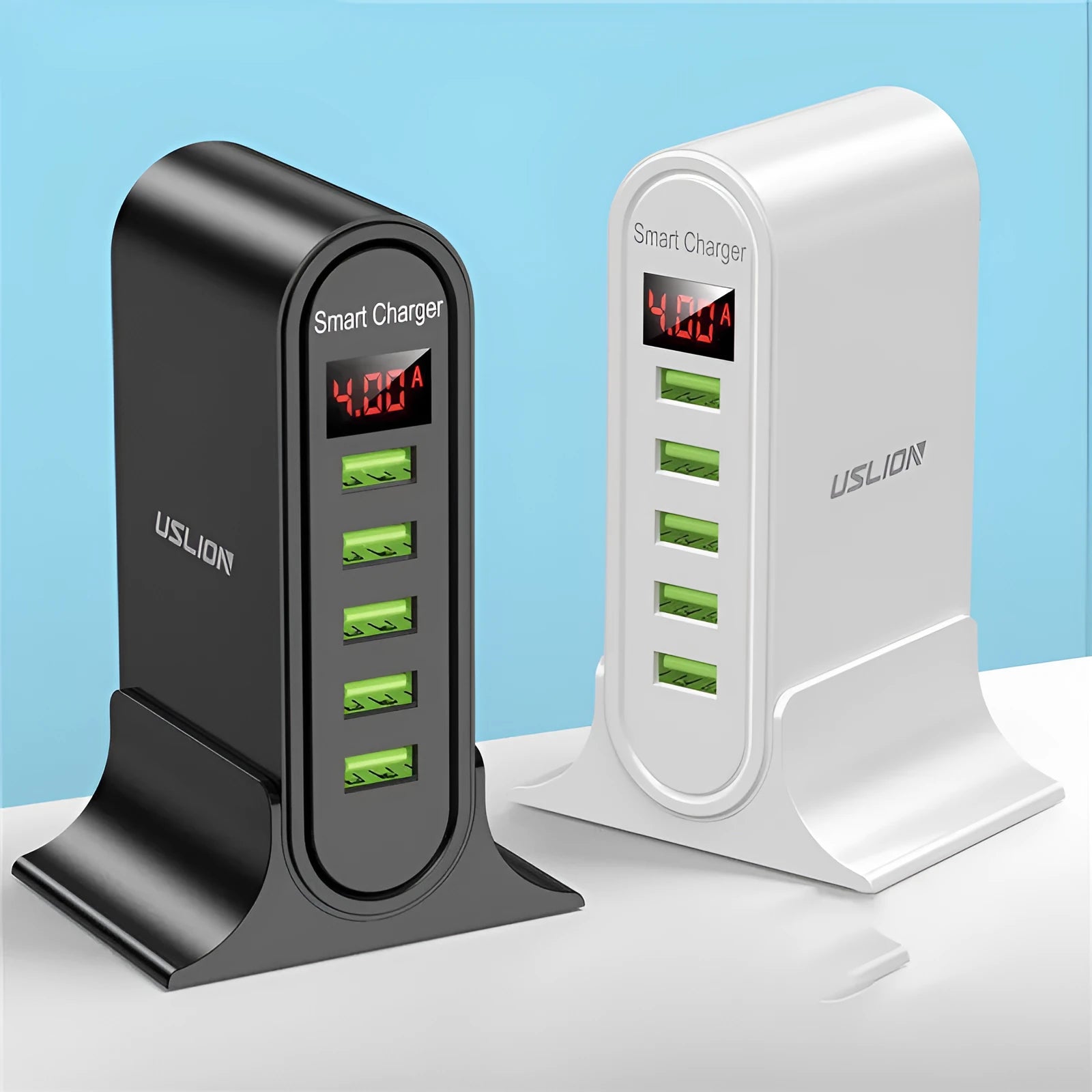 Black and white smart LED digital display USB charger with EU, UK, and US plug options