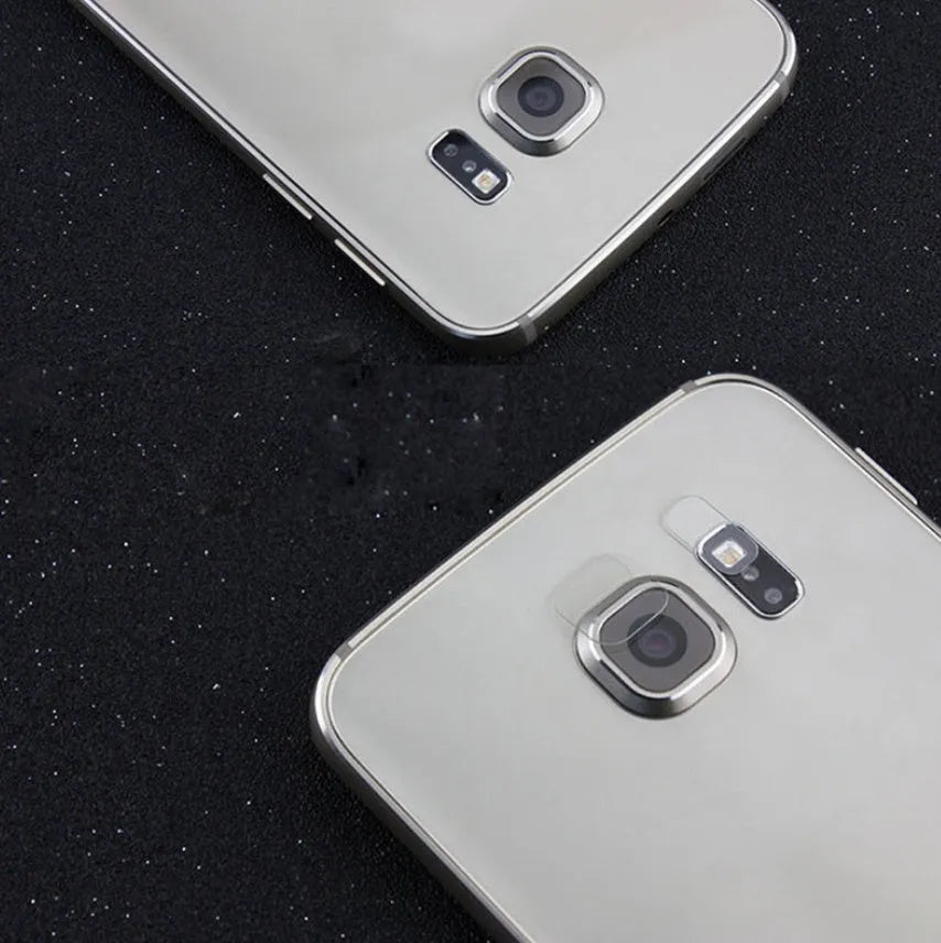 Tempered glass camera lens protector film for Samsung Galaxy smartphones showing lens and flash protection components