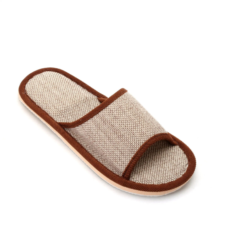 Women's open toe slippers in linen material, shown in a light brown colour with thickening sole.