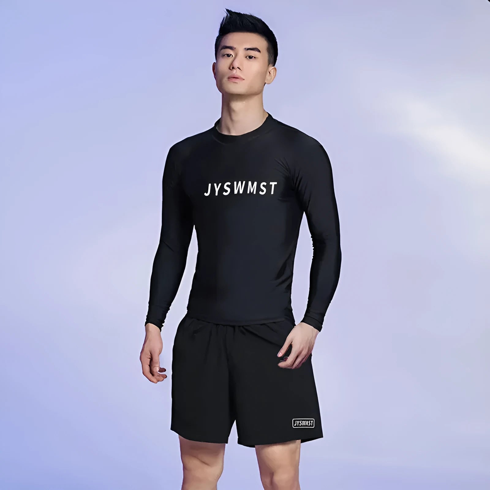 Men's plus size polyester swimsuit set with top and trunks on mannequin.