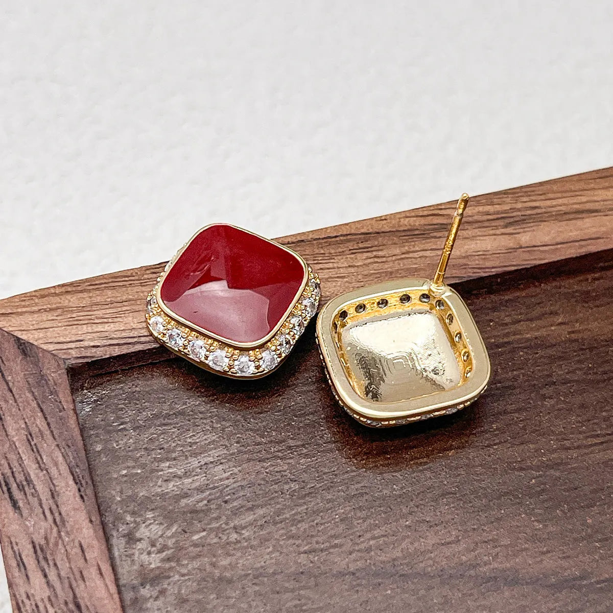 Red geometric square alloy earrings with seiko treatment for women