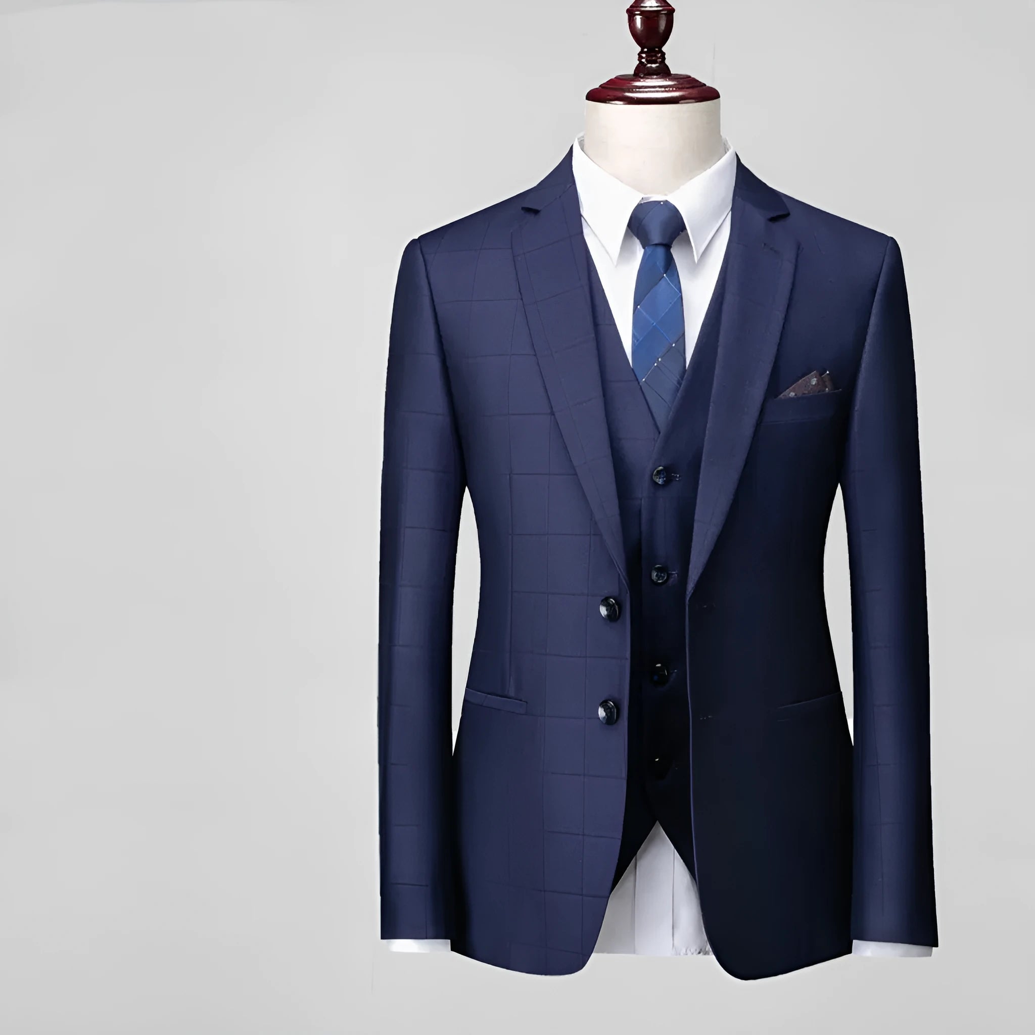 Men's navy blue plaid slim fit three-piece business casual suit with vest