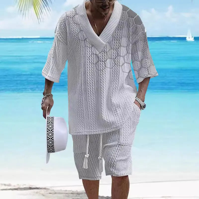 Men's knitted short-sleeved shorts suit in drop-shoulder design with matching printed shorts