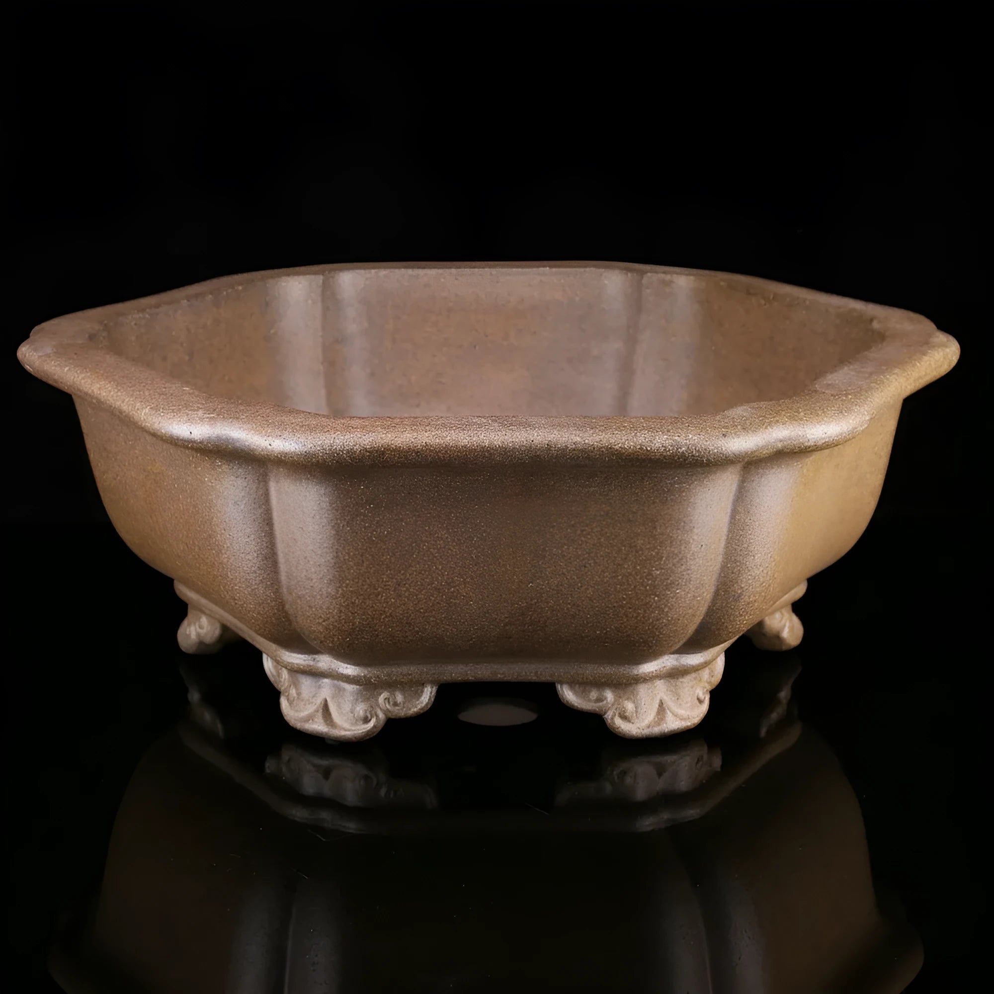 Handmade purple sand bonsai pot with hexagonal shape and Taiwan pine decorative motif