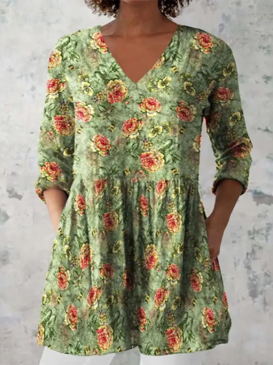 Women's printed dress with wave pattern, 3/4 sleeves and loose wide waist fit