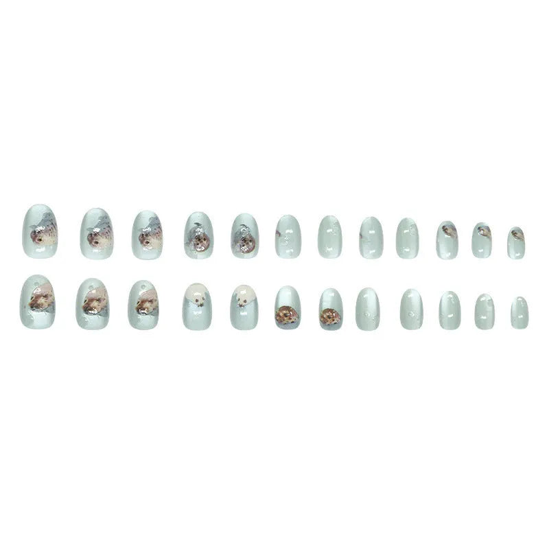 Cat eye summer ocean detachable false nails in short oval shape with glue