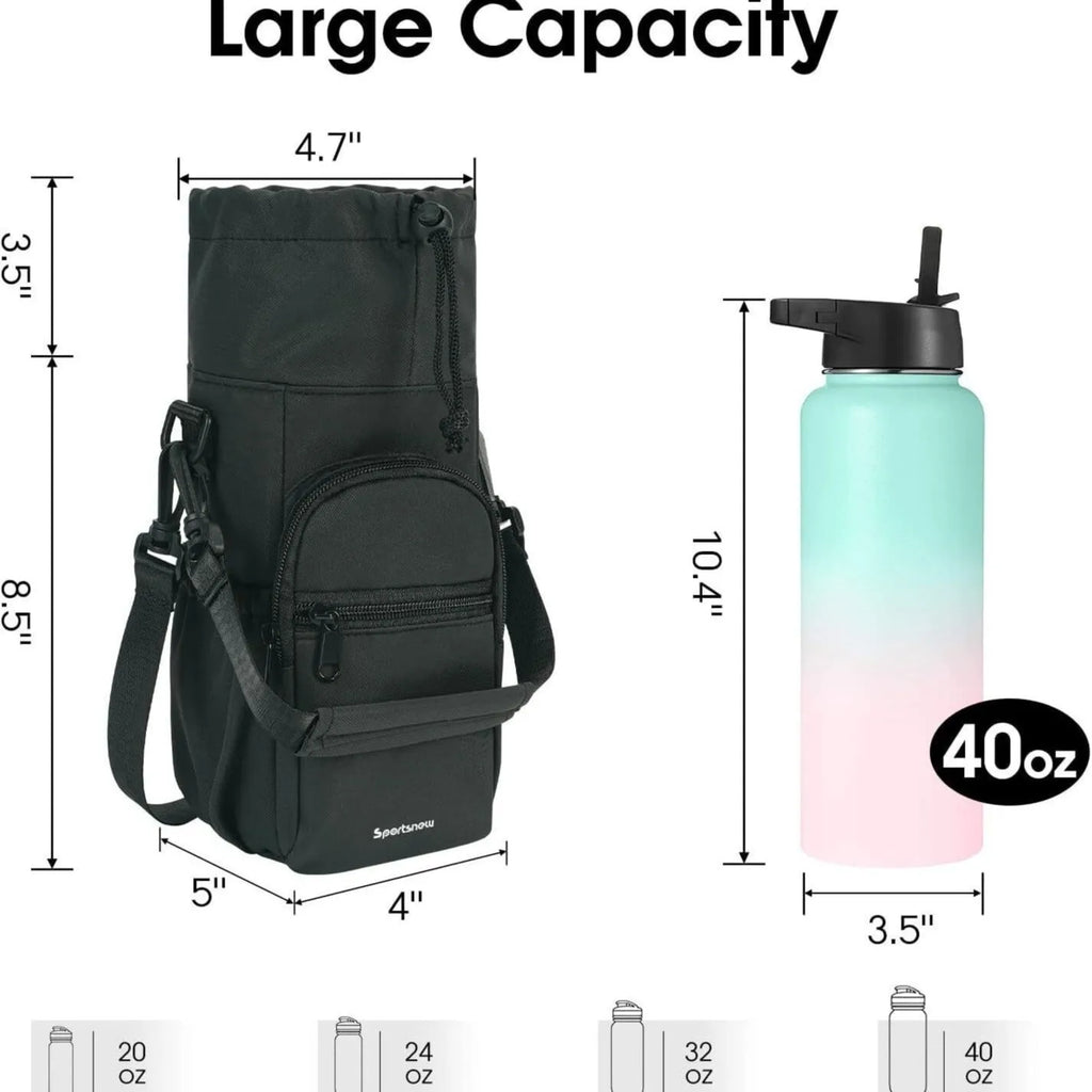 Cloth water bottle pouch with crossbody shoulder strap in black, green, and pink colour options.