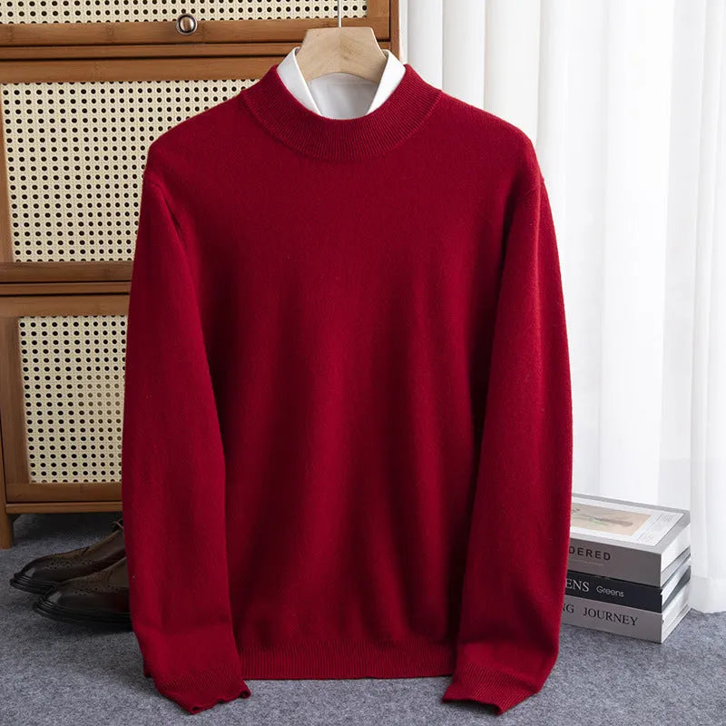 Men's loose fit half-collar wool sweater in a neutral colour on a hanger