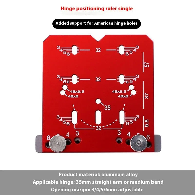 Red aluminium alloy hinge locating tool with adjustable margin settings for 35mm cabinet hinges
