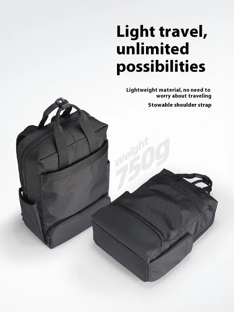 Black Oxford cloth laptop backpack showing 20-35L capacity and lightweight design.
