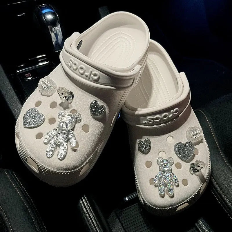 Crystal bear shoe buckle set on sneakers with resin plush material 1.2cm diameter