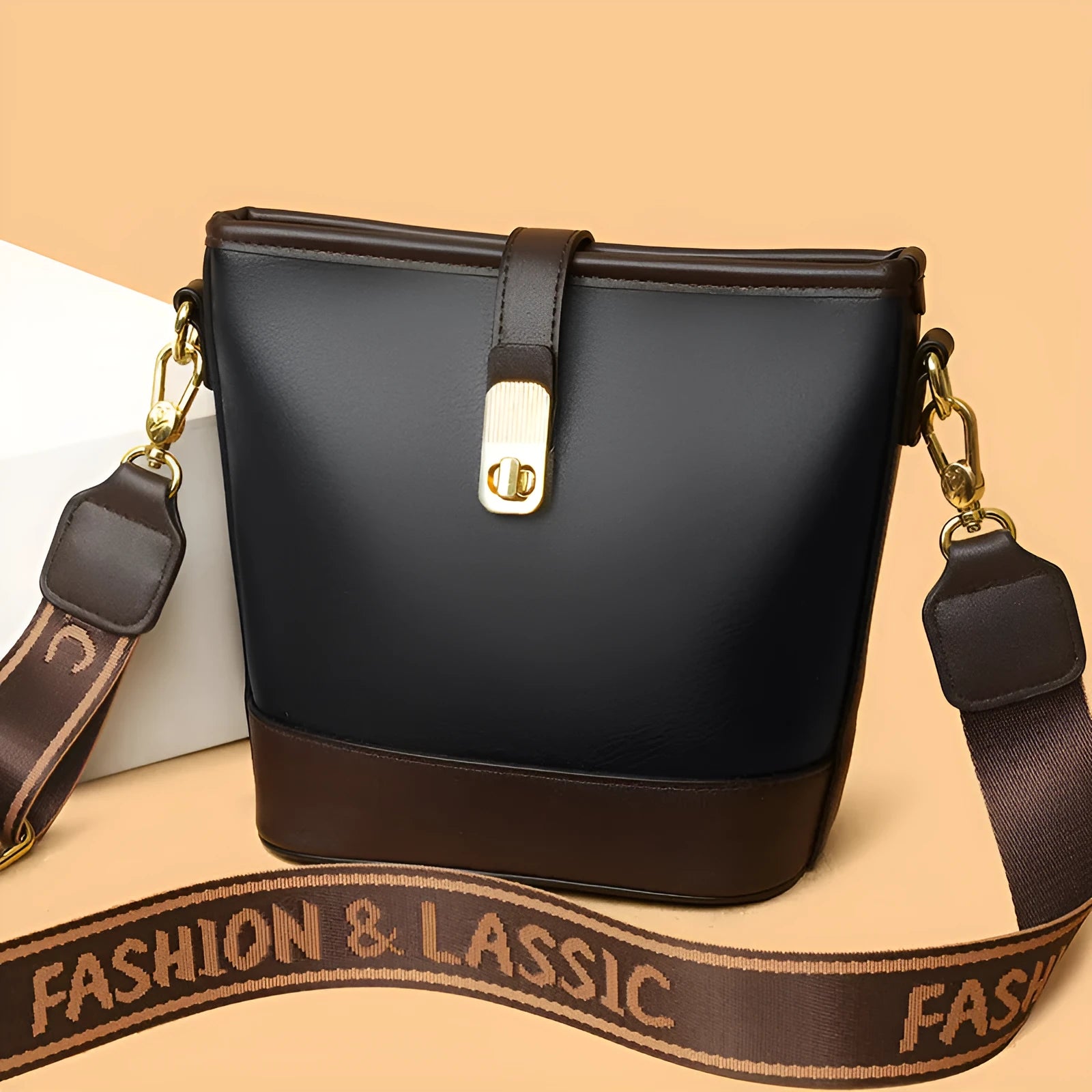 Korean-style black bucket shoulder bag with internal organisation compartments
