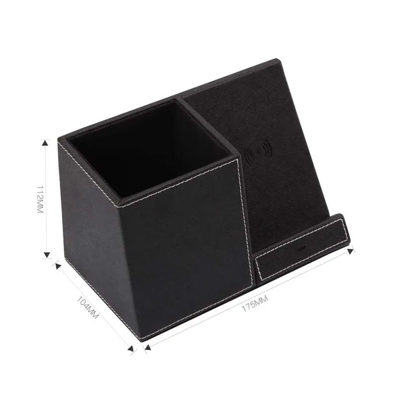 Black leather desk organiser with wireless charging top and pen holder compartment