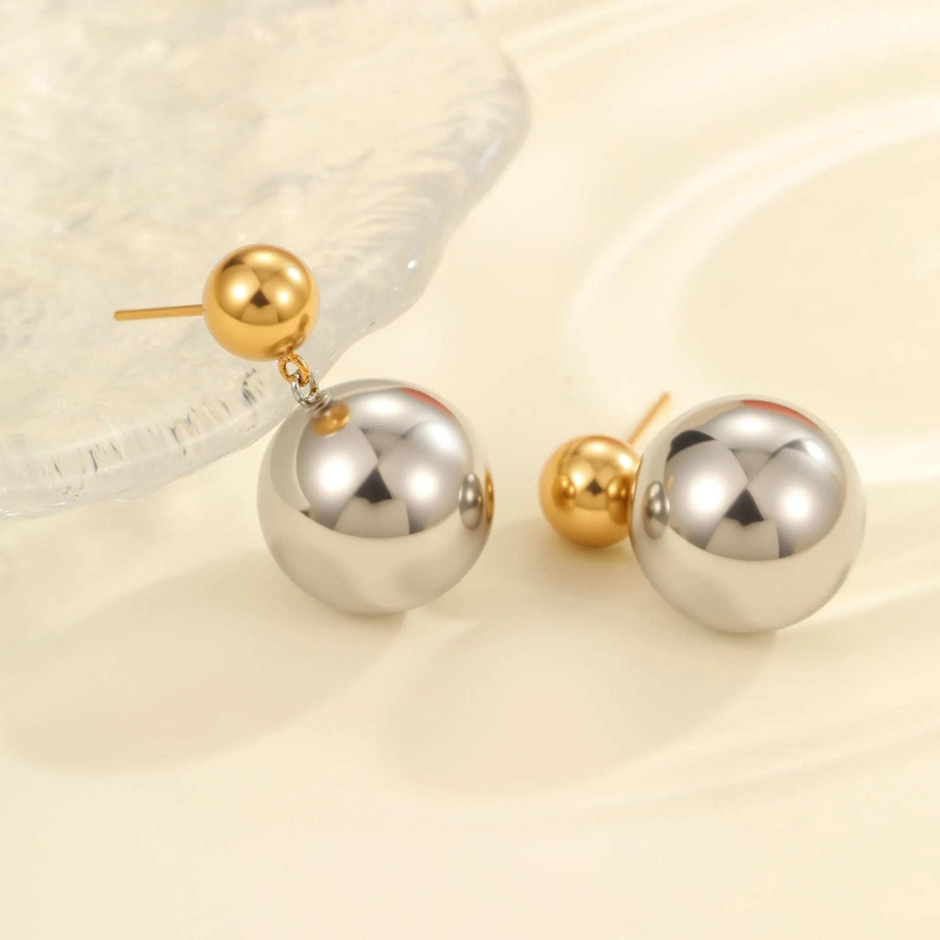 Round beads stainless steel color-block ear studs with 18K gold plated geometric sphere design for women