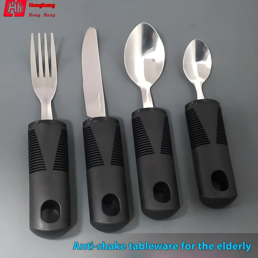 Stainless steel adaptive utensils with rubber handles in black and grey colour options