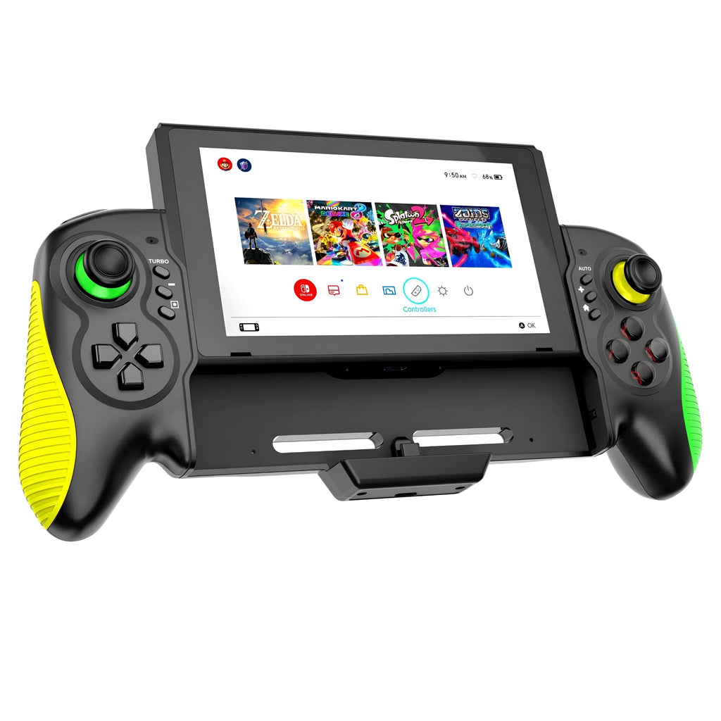 Yellow-green game controller with in-line handle design for Nintendo Switch and PC gaming
