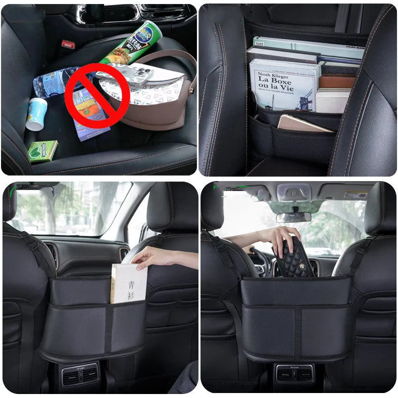 Black leather car seat storage bag with carbon fibre pattern, showing size.