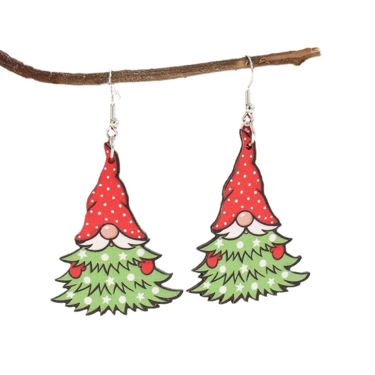 Wooden Christmas earrings with printed tree and snowman designs featuring geometric shapes