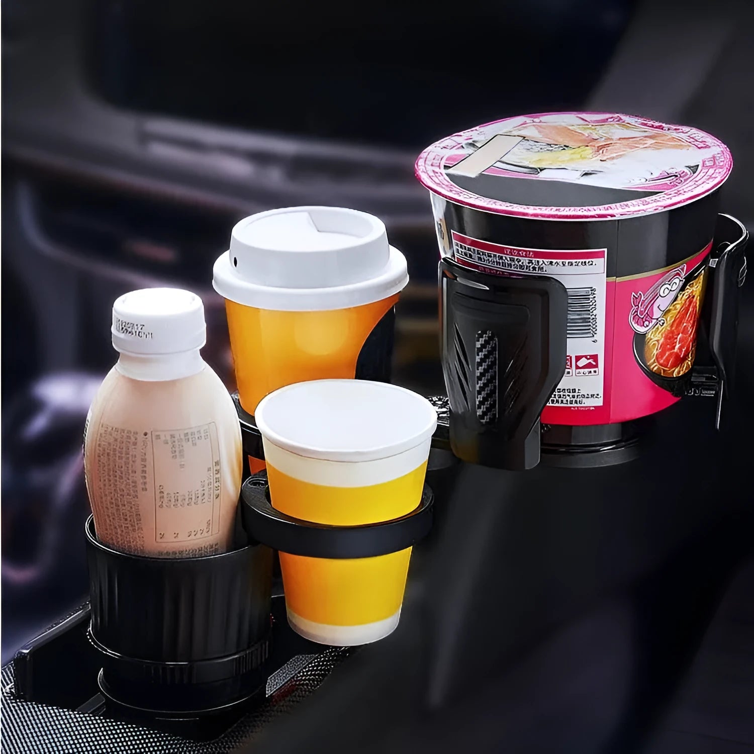 One Point Four car cup holder with adjustable base in carbon fibre black