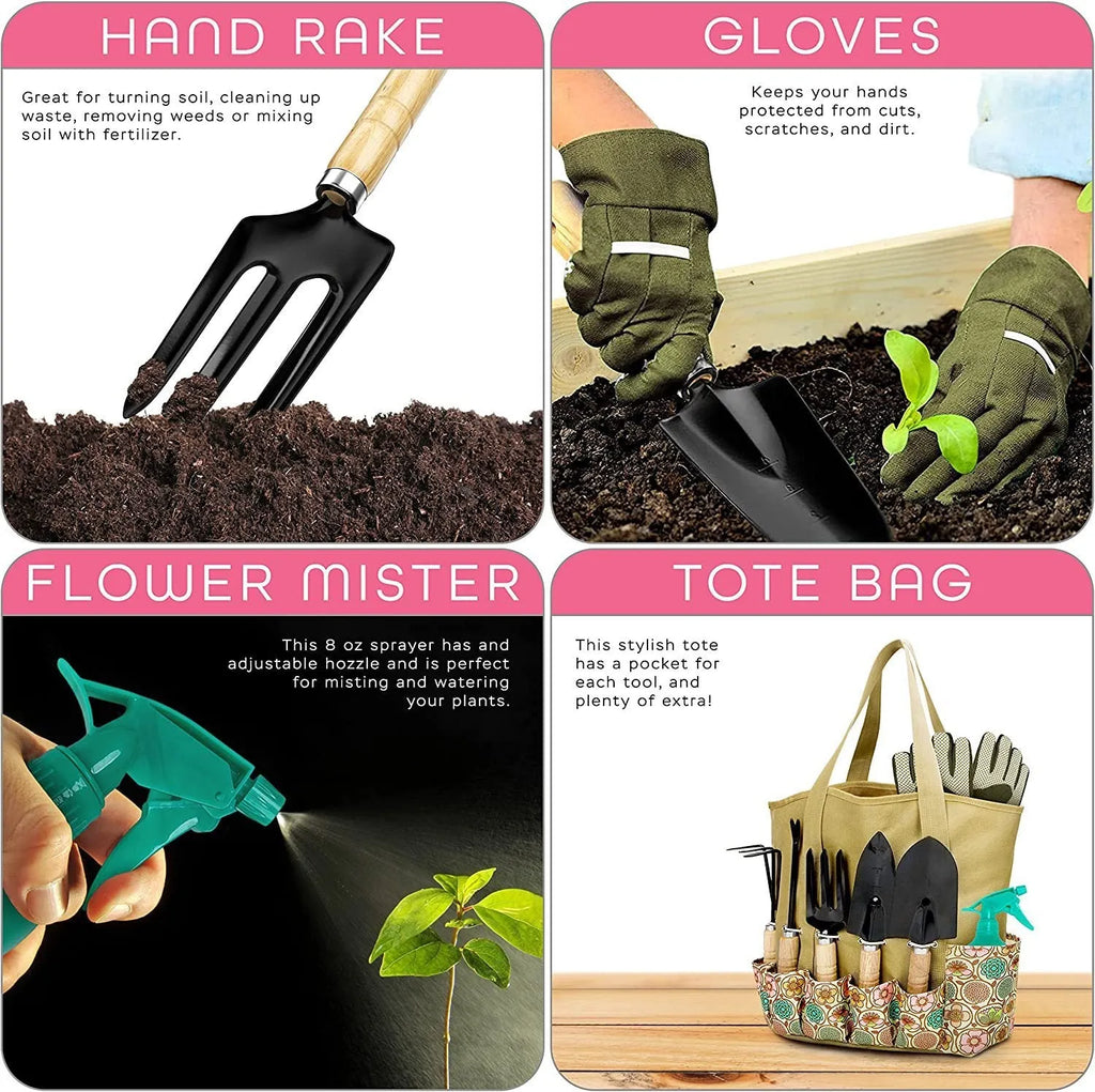 Eight-piece stainless steel gardening hand tool set CG2001 on a garden background.
