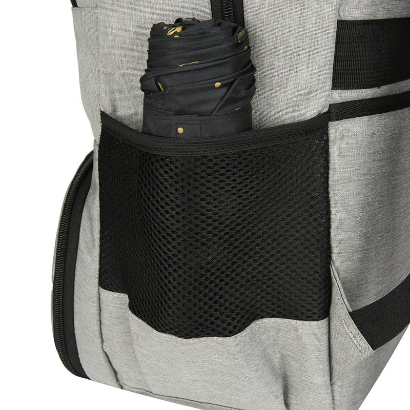 Large insulated Oxford cloth picnic backpack with curved straps, shown in light grey colour.