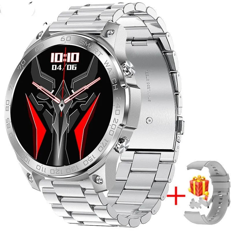 Round black Bluetooth sports watch with AMOLED screen on a silicone strap, showing fitness stats.