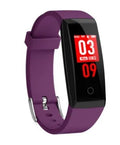 Colour screen smart bracelet with OLED display shown in black, blue, and violet colours.
